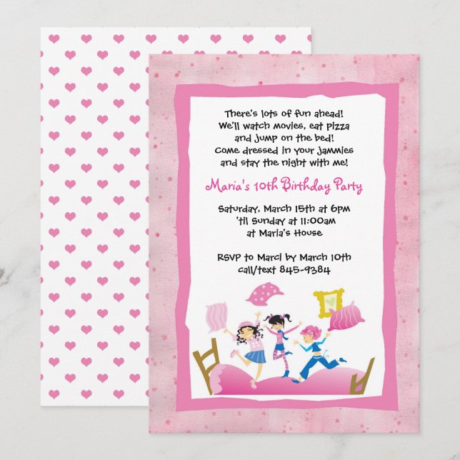 Flickor hoppar på Bed Sleepover Slumber Party Inbjudningar (Fram/baksida)