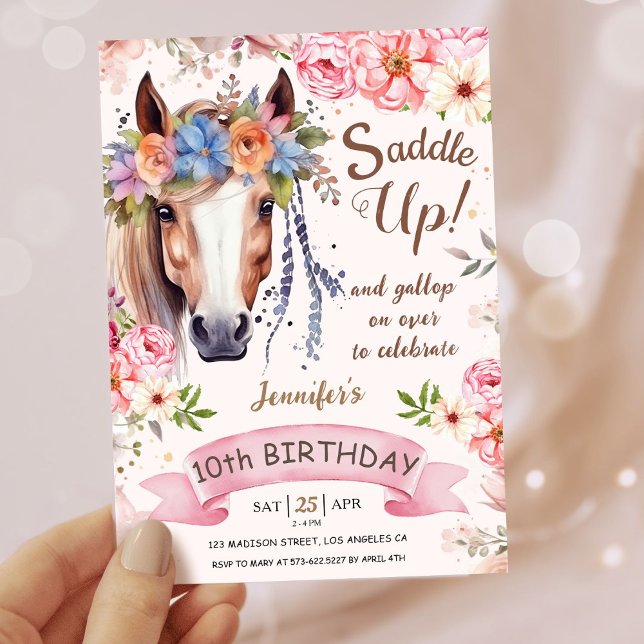 Flickor Horse 10th Birthday Rosa Blommigt Cowgirl Inbjudningar (Skapare uppladdad)