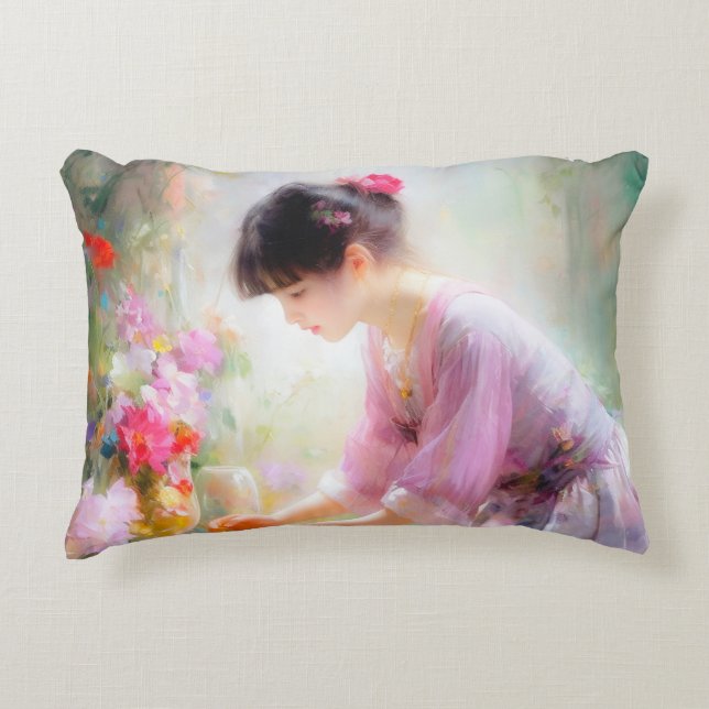 Flickor i Blomsterträdgården Prydnadskudde (Framsidan)