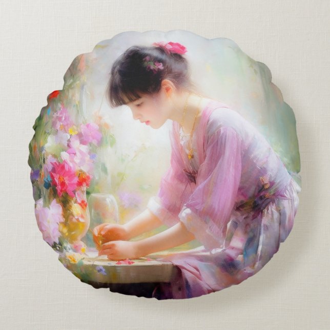 Flickor i Blomsterträdgården Rund Kudde (Framsidan)