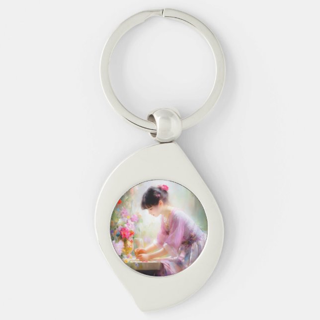 Flickor i Blomsterträdgården Swirl Silverfärgad Nyckelring (Framsidan)