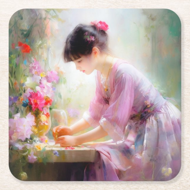 Flickor i Blomsterträdgården Underlägg Papper Kvadrat (Framsidan)