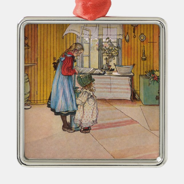 Flickor i köket (klassisk svensk konst) julgransprydnad metall (Framsidan)
