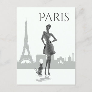 Flickor i Paris med Eiffel Torn Grått Vykort