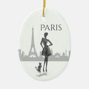 Flickor i Paris med Eiffel Torn jul Julgransprydnad Keramik