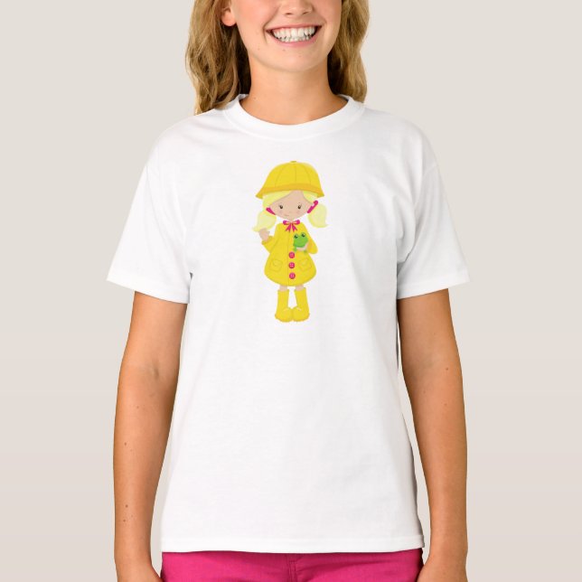 Flickor i regnrock, Boots, Blonde Hair, Frog T Shirt (Framsida)
