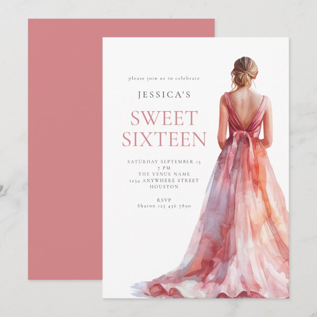 Flickor i Rosa Dress Sweet 16 Födelsedagsfester Inbjudningar (Fram/baksida)