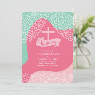 Flickor i Rosa- och sjöGrönt med Kor Christening Inbjudningar