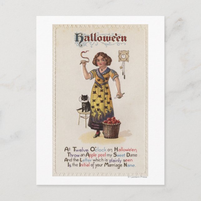 Flickor i svart kattburk med svart katt vykort (Framsida)