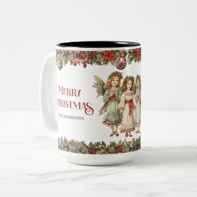 Flickor jul Victorian Änglar med holly Två-Tonad Mugg (Framsida vänster)