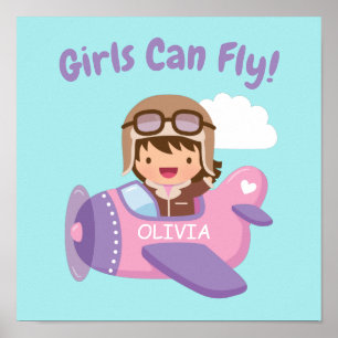 Flickor kan flyga med cute Aviator Girl-flygplan Poster
