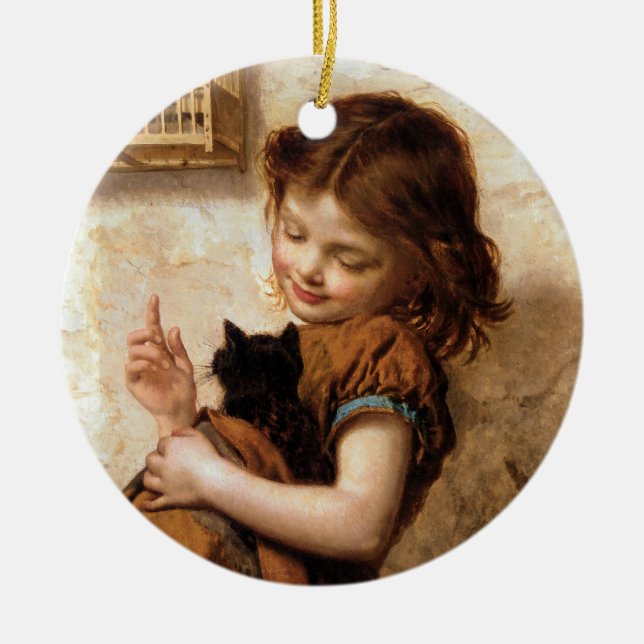 Flickor, Kattunge och fåglar - målning av Vintage Julgransprydnad Keramik (Framsidan)