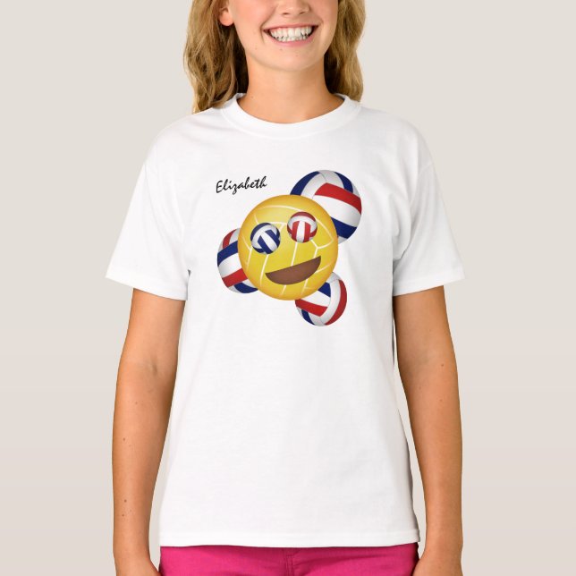 Flickor leende volleyball emoji röd och blå t-shirt (Framsida)