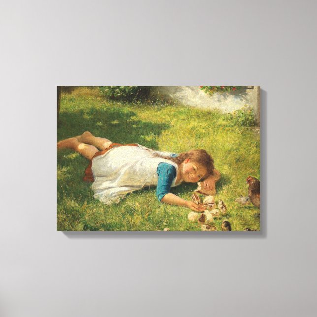 Flickor leker med Chickar (Hen och Chicken) Canvastryck (Framsida)