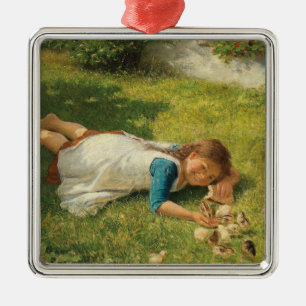 Flickor leker med Chickar (Hen och Chicken) Julgransprydnad Metall