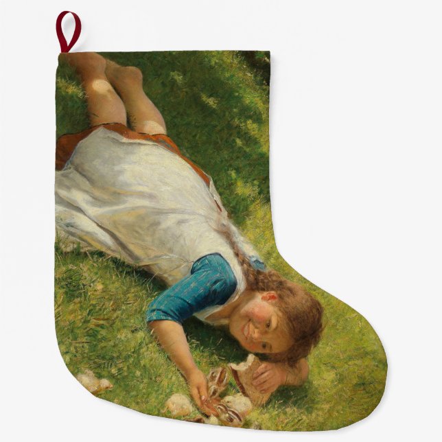 Flickor leker med Chickar (Hen och Chicken) Stor Julstrumpa (Framsidan)