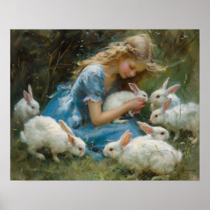 Flickor leker med vita Bunnies i Påsk Poster