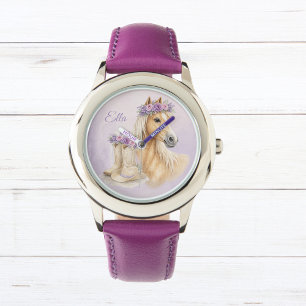 Flickor Lila Blommig Häst Armbandsur