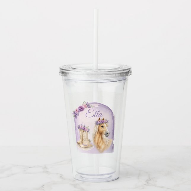 Flickor Lila Blommig Häst Take Away Mugg (Framsida)