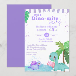 Flickor Lila Dinosaur 3:e födelsedagen Party Inbjudningar