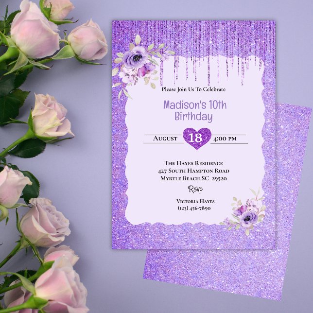 Flickor Lila Glitter Blommigt 10:e Födelsedagsfest Inbjudningar (Skapare uppladdad)