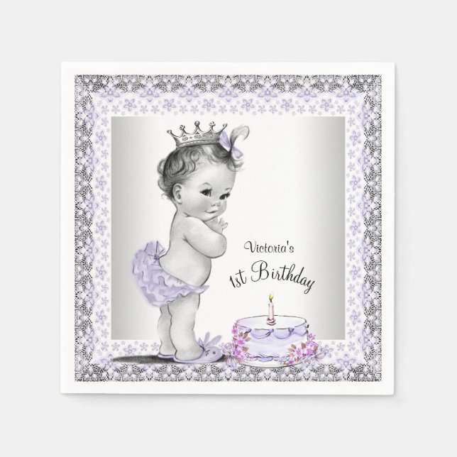 Flickor Lila Prinsessa 1-årsdag Pappersservett (Framsidan)
