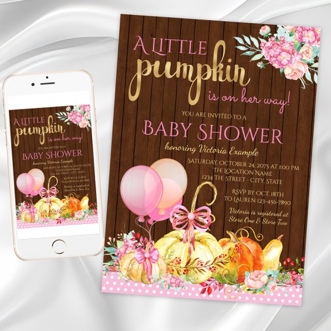Flickor Liten Pumpa Rustik Trä Höst Bebis Shower Inbjudningar (Little pumpkin baby shower invitation. Instant download and printed invitations available.)