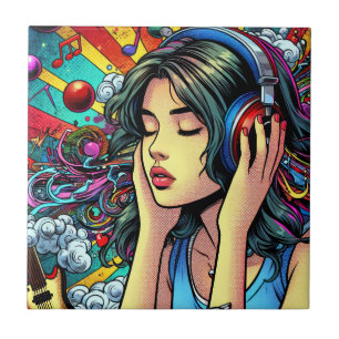 Flickor lyssnar på Music på hörlurar Psychedelic Kakelplatta