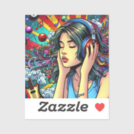 Flickor lyssnar på Music på hörlurar Psychedelic Klistermärken