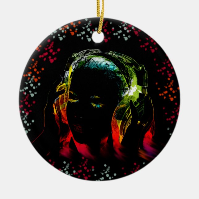 Flickor lyssnar på musikhörlurar Neon Färg Gifts Julgransprydnad Keramik (Framsidan)