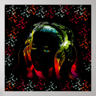 Flickor lyssnar på musikhörlurar Neon Färg Gifts Poster