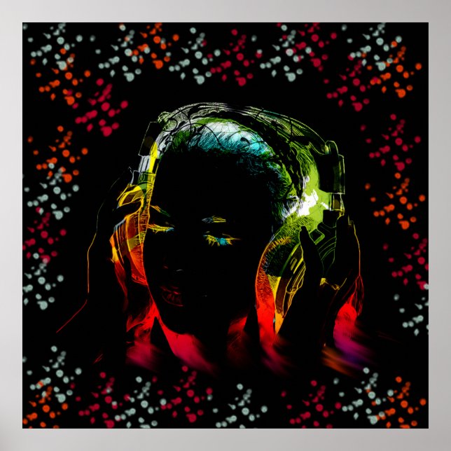 Flickor lyssnar på musikhörlurar Neon Färg Gifts Poster (Framsidan)
