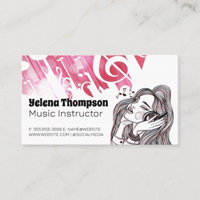 Flickor lyssnar på musikhörlurar visitkort (Framsida)