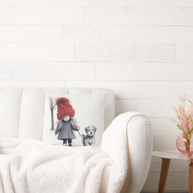 Flickor med 3D Sticka med Hund Kudde (Soffa)