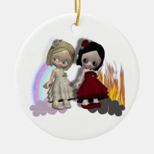 Flickor med änglar och djävulen cutie julgransprydnad keramik