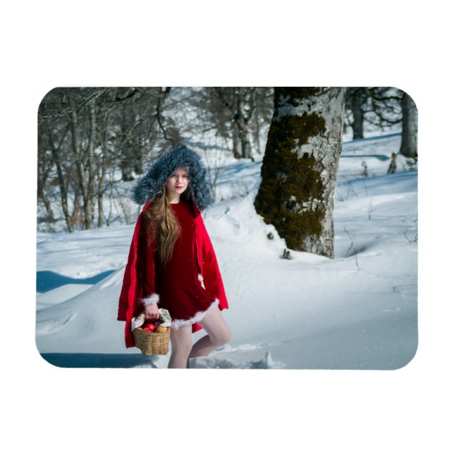 Flickor med äpplen i snö magnet (Horisontell)
