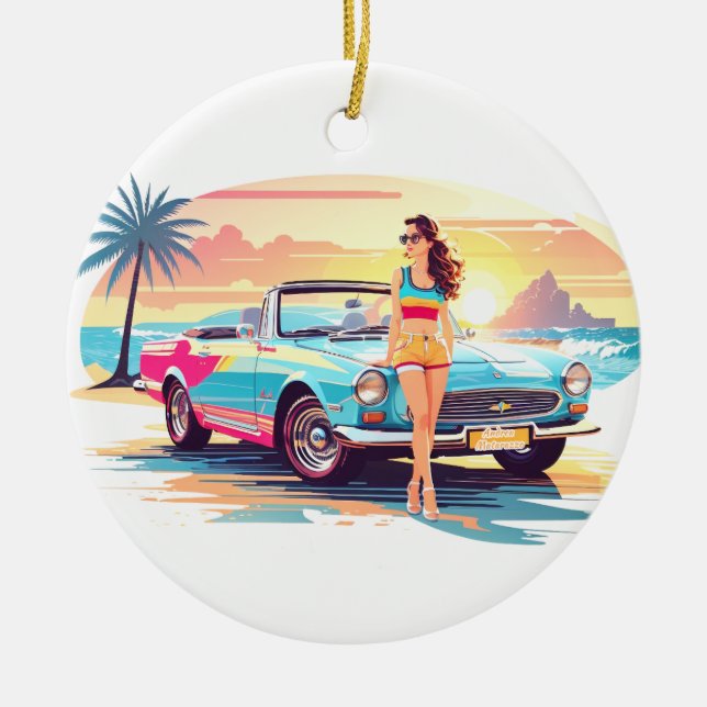 Flickor med bil och drömnatur julgransprydnad keramik (Framsidan)