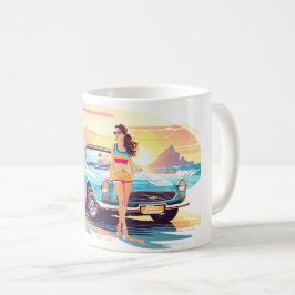 Flickor med bil och drömnatur kaffemugg