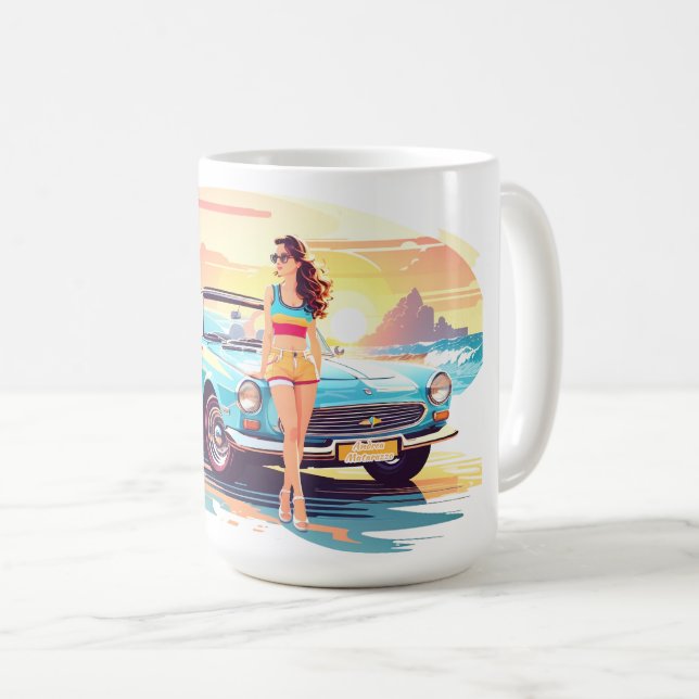 Flickor med bil och drömnatur kaffemugg (Framsida höger)