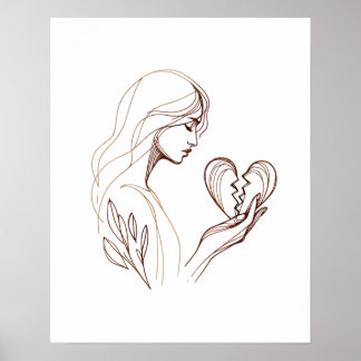 Flickor med Brken Heart - Teckning Line Art Poster