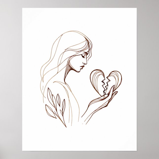 Flickor med Brken Heart - Teckning Line Art Poster (Framsidan)
