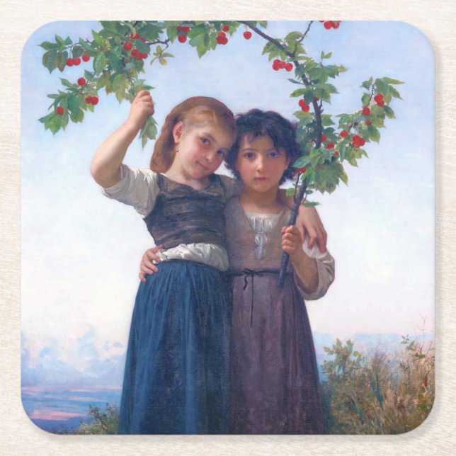 Flickor med Cherry Gren, Bouguereau Underlägg Papper Kvadrat (Framsidan)