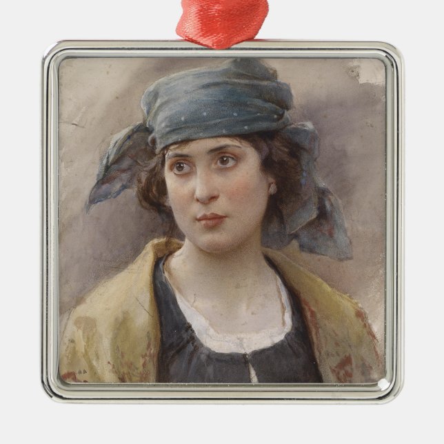 Flickor med Grönt Headscarf (av Ludwig Passini) Julgransprydnad Metall (Framsidan)