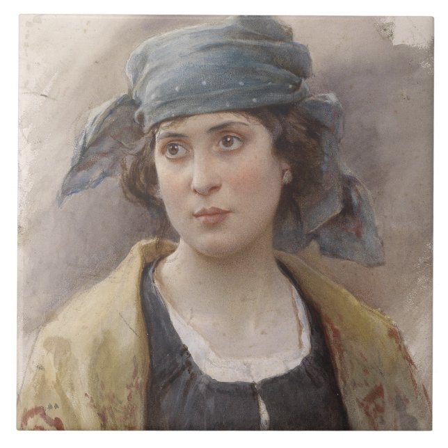Flickor med Grönt Headscarf (av Ludwig Passini) Kakelplatta (Framsidan)