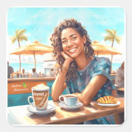 Flickor med kaffeavbrott fyrkantigt klistermärke
