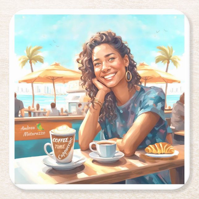 Flickor med kaffeavbrott underlägg papper kvadrat (Framsidan)