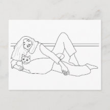 Flickor med katt, färgvykort