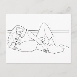 Flickor med katt, färgvykort vykort