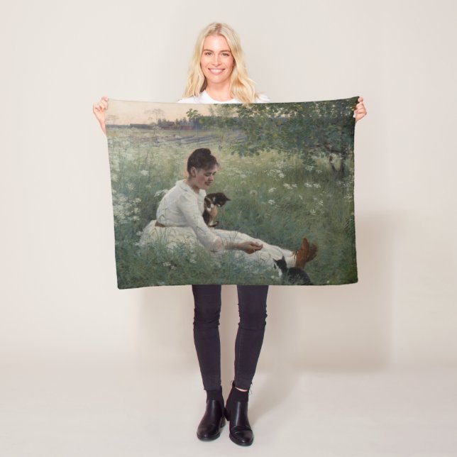 Flickor med katter i ett sommarlandskap (Kittens) Fleecefilt (På plats)