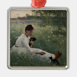 Flickor med katter i ett sommarlandskap (Kittens) Julgransprydnad Metall